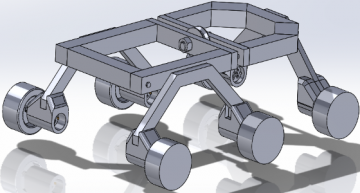 Solidworks model of our proposed chassis, which is currently in prototyping. It uses a mix of two suspension methods to accommodate for rough martian terrain.